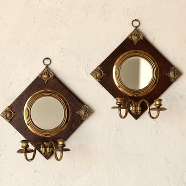 Pair of 19th C. English Wood & Brass Mirrored Sconces