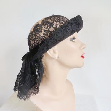 1950's Black Lace and Velvet Open Crown Hat Formal Funeral Mourning 50's Millinery Harryson 