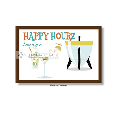 Cocktail Bar Wall Art, Mid Century Modern Atomic Glassware Vintage style Martini Glass, Gift for bartender home bar Cocktails Happy Hourz 