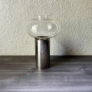 Orrefors Sweden Tubla hurricane lamp with chrome base and hand blown clear glass globe, Vintage Scandinavian Ljuslykta candleholder 