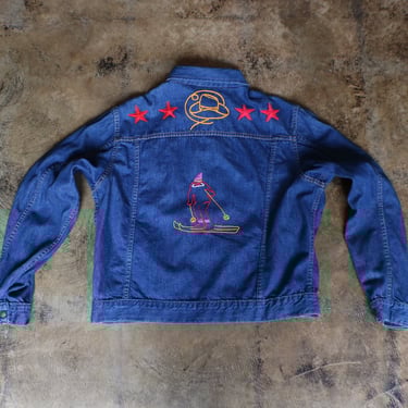 1970's Embroidered Denim Jacket / Dark Wash Jean Jacket Cactus Embroidery / Women's Large 