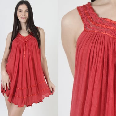 Red Mexican Gauze Micro Mini Dress, Lightweight Thin Crochet Trim, Vintage South American Lightweight Sundress 