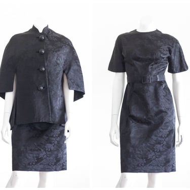Vintage 1950s Black Brocade Dress Set with Cape Coat 