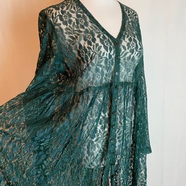 90’s emerald green floral lace frock Lacy dress full length open size flowing babydoll cut lots of tiny buttons kelly green Size Med-Large 