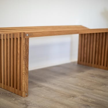 Modern Slat Bench in White Oak and Aluminum 