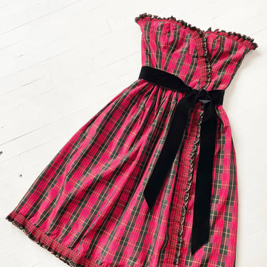 1980s Victor Costa Strapless Tartan Dress 
