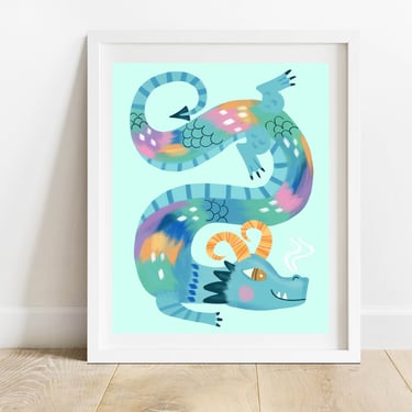 Bright and Colorful Kids Room Blue Dragon Print/ 8 X 10 Medieval Character Illustration/ Fantasy Creature Wall Decor/ Mythical Nursery Art 