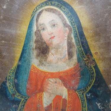 Antique Small 1800's Mexican Retablo Painting, Madre Doloroso,  Framed Our Lady of Sorrows, Virgin Mary, Madonna, Vintage Religious Decor 