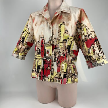 Vintage Blouse - Cool Old City Images - 50's Vibe from Early 2000's - Linen & Rayon - Size Medium 