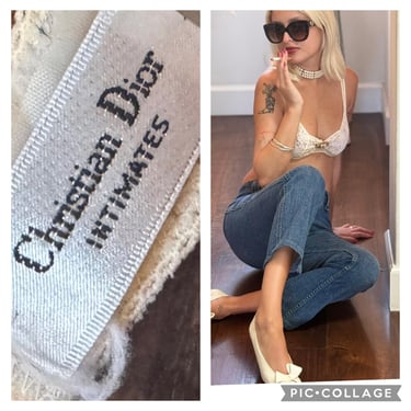 Christan Dior White Lace Gorgeous bralette top bra lingerie with brooch S 