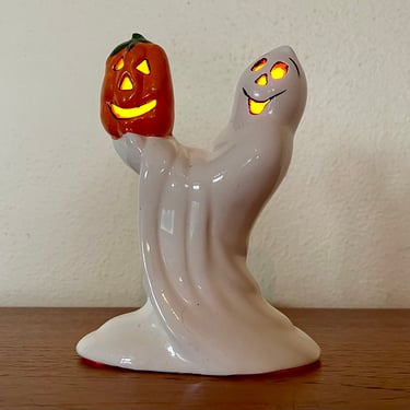Vintage 1980s Ceramic Ghost + Jack O' Lantern Halloween Party Pumpkin Night Light 