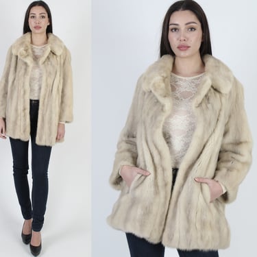 1960's Real Platinum Blonde Mink Fur Under Collar Coat With Pockets 