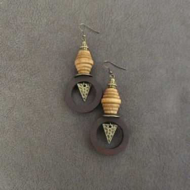 Wooden hoop earrings, natural Afrocentric dangle earrings, brown earrings, African earrings, bold statement, unique ethnic earrings 