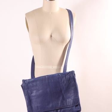 1980s Blue Leather Square Cross Body Shoulder Bag Purse 