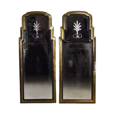 Pair Midcentury Mastercraft Bernard Rohne Queen Anne Brass Etched Beveled Glass Mirrors 