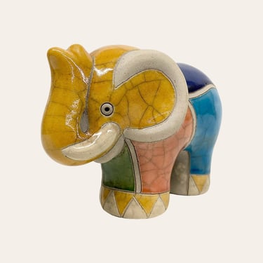Vintage Raku Pottery Elephant Retro 1990s Bohemian + Small Statue + Handmade + South Africa + Colorful + Animal Decor + Signed by Artist 