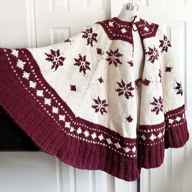 WOOL Winter Sweater Coat Fair Isle Snowflake Poncho Cape Shawl Jacket Vintage 