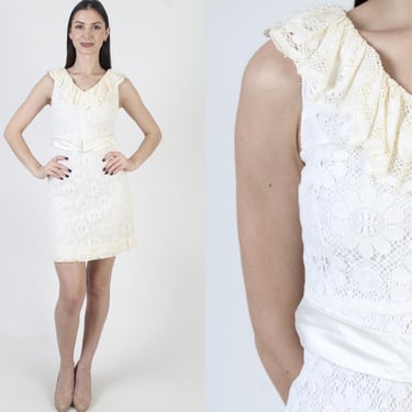 Short Lace Mini Dress, Womens Off White Sundress, Vintage 60s Bridal Frock 