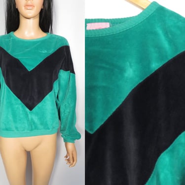 Vintage 70s/80s Green With Black Stripe Velour Top Made In USA Size M/L 