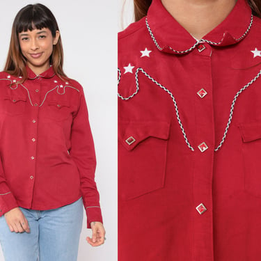 Red Rodeo Blouse Y2k Wrangler Western Shirt Embroidered Star Top Long Sleeve Button up Cowgirl Westernwear Collared Boho Vintage 00s Small S 