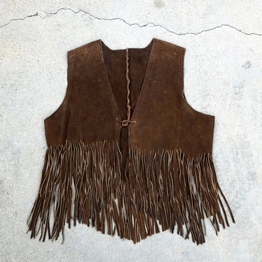Vintage 1960s Brown Leather Fringe Vest Large 