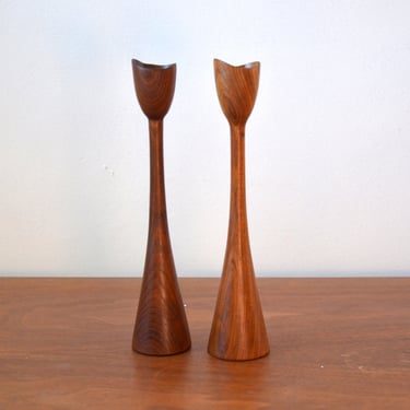 Danish Modern Turned Wooden Tulip Candle Holders, Denmark - pair 