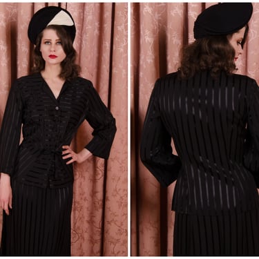 1940s Suit - The Vandene Suit- Killer Morticia Worthy Black Satin Post War Suit with Fabulous Use of Stripes 