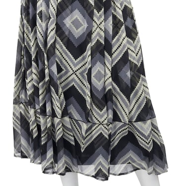 Miguel Cruz 1986 Vintage Monochrome Aztec Print Silk Chiffon Pleated Skirt Sz XS 