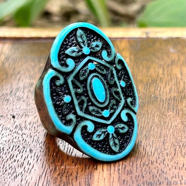 Vintage Blue Galalith Ring Teal Black Large Statement Jewelry 1960s 1970s Hippie 