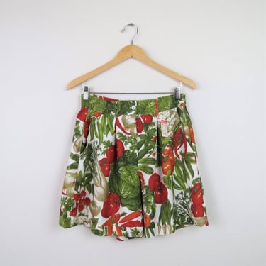 Vintage 1980s shorts, pleated, bermuda, novelty print, rayon, veggies, NWT 