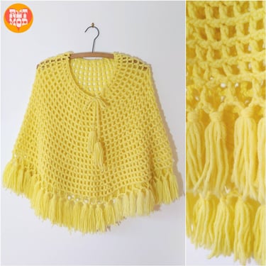 Ooooo So Pretty Vintage 60s 70s Pastel Yellow Crochet Poncho 