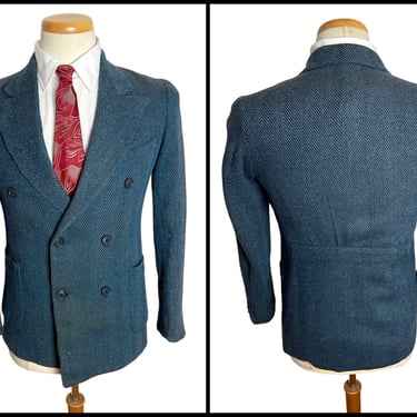 Vintage 1930s Wool Tweed BELTED BACK Double-Breasted Jacket ~ size 34 to 36 S ~ Herringbone / Donegal ~ Blazer / Suit / Sport Coat ~ 