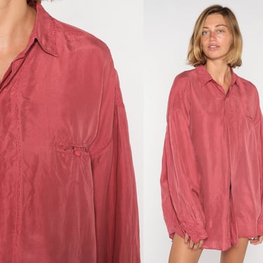 Pink Silk Shirt 90s Hidden Button Up Shirt Long Sleeve Collared Top Retro Plain Basic Solid Pink Button Down Vintage 1990s Men's Large L 
