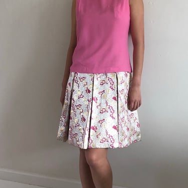 60s scooter dress / vintage pink silk chiffon dropped waist + pleated metallic brocade sleeveless mod scooter dress | Medium 