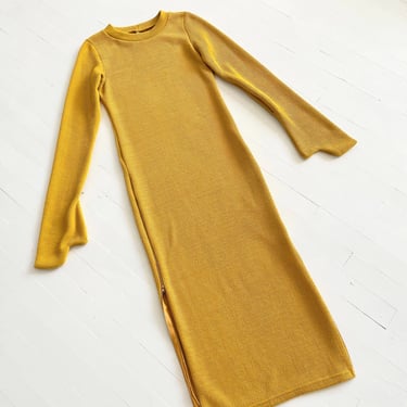 1960s Avant-Garde Mustard Knit Dress with Attached Mittens and Zipper Side Slits 