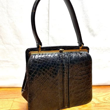 Nicholas Reich vintage purse~ black croc look perforated leather top handle bag~ supple pink leather interior 50’s 60’s MCM style 