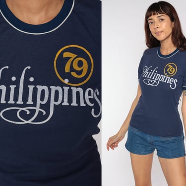70s Philippines Shirt 1979 Ringer Tshirt Dark Blue Graphic Tee 1980s T Shirt Vintage Small S 