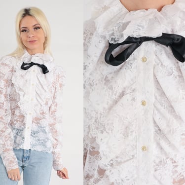 White Tuxedo Blouse 80s Lace Party Top White Ruffle Shirt Button Up Boho Formal Vintage Bohemian 1980s Long Puff Sleeve Small S 