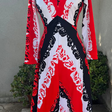 Vintage 70s maxi dress polyester red black white Sz S/M 