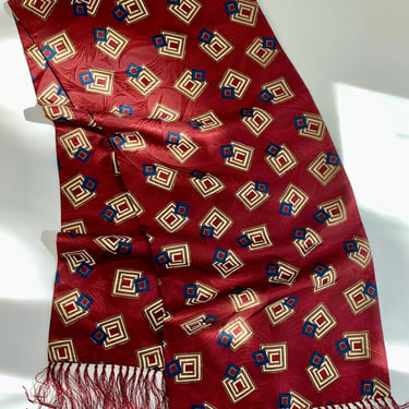 1940's-50's Art Deco Scarf - SILK Jacquard Print - Awesome Colors - Maroon, Navy, Tan & Cream  - Fringe Details 