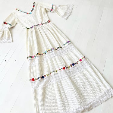 1970s Embroidered + Crochet White Maxi Dress 
