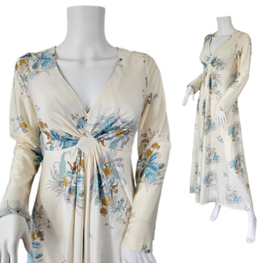 1970's Cream Blue Floral Bird Print Long Poly Maxi Dress I Sz Med 
