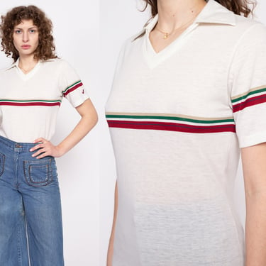 Retro 80s Jantzen Polo Shirt - Men's Small | Vintage White Collared Striped V Neck Top 