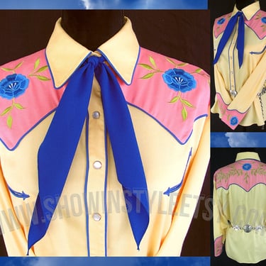 Manuel Vintage Western Women's Cowgirl Shirt, Rodeo Blouse, True Yellow with Blue Floral Embroidery, Tag Size Large (see meas. photo) 