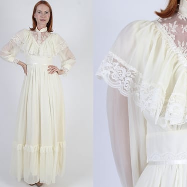 Cream Prairie Wedding Dress / Vintage 70s Sheer Floral Lace Bridal Outfit / Simple Ivory Bridesmaids Capelet Boho Lawn Tea Maxi Gown 