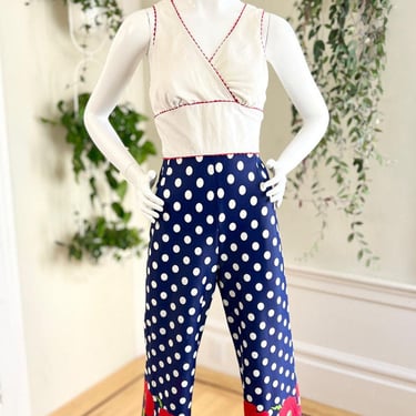 Vintage 1970s Jumpsuit | 70s Poppy Floral Border Print Polka Dot Navy Blue Criss Cross Straps Jersey Wide Leg Pants Playsuit | x-small/small 