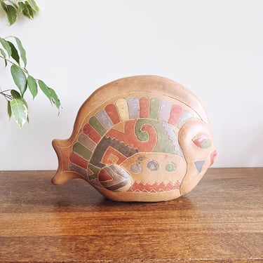 Vintage 70s Mexican Burnished Pottery Terracotta Fish 