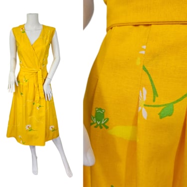 Malia 1970's Yellow Cotton Daisy Print Sleeveless Wrap Dress I Sz Lrg I Hawaii I Hawaiian Dress 