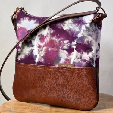 Hand Dyed Canvas and Leather Day Bag, Blueberry Pie