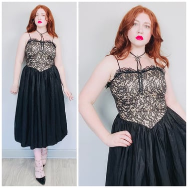 1980s Vintage Alicia Black Lace Bustier Party Dress / 80s Acetate Gothic Saloon Gown / Size Medium - Large 